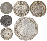 Lote de 6 monedas de Carlos III y Carlos IV, 3 en plata. BC-/MBC-.