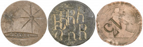 Lote de 3 monedas de 10 céntimos con contramarcas variadas. BC/BC+.
