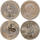 Lote de 4 monedas de 10 céntimos con contramarcas variadas. BC/BC+.