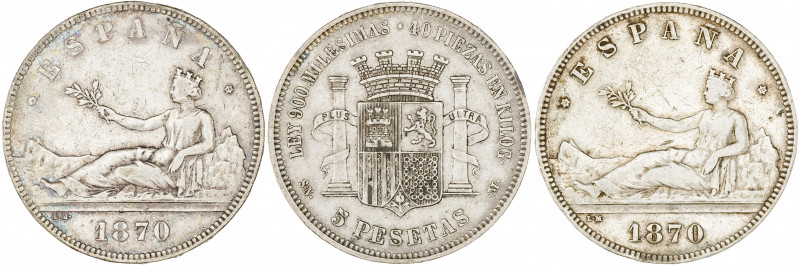 1870*1870. Gobierno Provisional. SNM. 5 pesetas. Lote de 3 monedas. BC+.