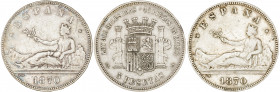 1870*1870. Gobierno Provisional. SNM. 5 pesetas. Lote de 3 monedas. BC+.