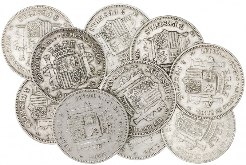 Gobierno Provisional. 5 pesetas. Lote de 10 monedas, la mayoría con estrellas vi...