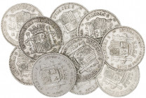 Gobierno Provisional. 5 pesetas. Lote de 10 monedas, la mayoría con estrellas visibles. BC+/MBC-.