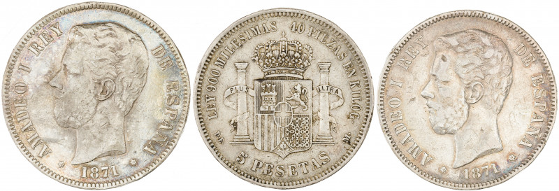 1871*1875. Amadeo I. DEM. 5 pesetas. Lote de 3 monedas, una con soldadura en rev...