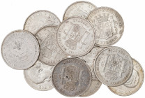 1870 a 1894. 5 pesetas. Lote de 12 monedas, todas diferentes. A examinar. BC/MBC-.