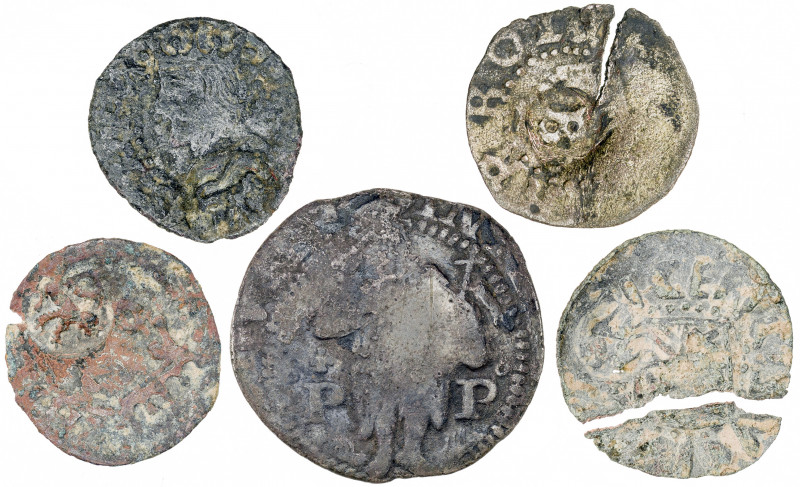 Lote de 5 monedas catalanas de cobre con resellos, una partida. A examinar. BC-/...