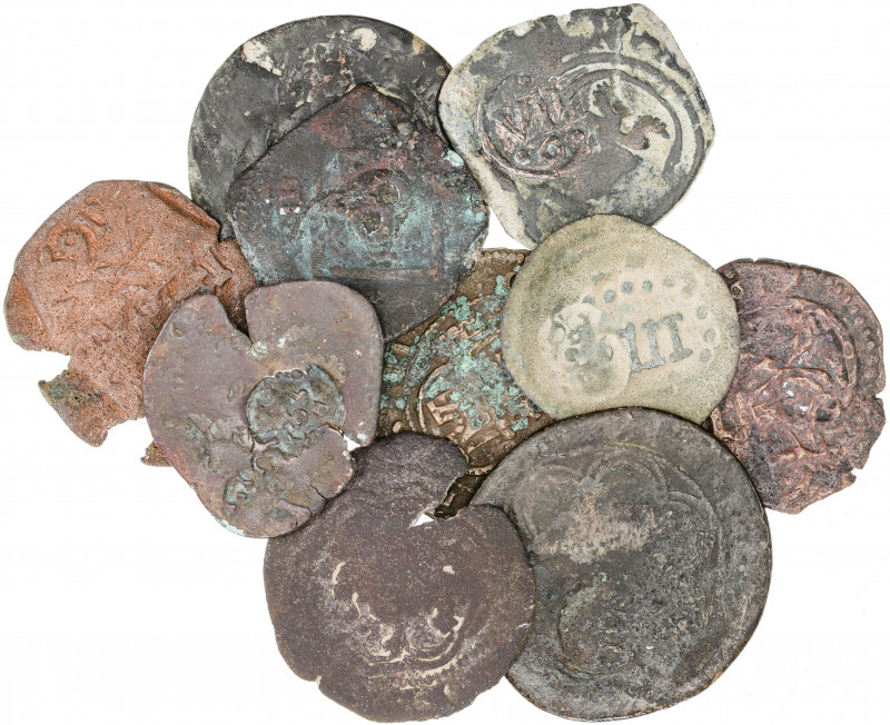 Lote de 10 monedas españolas de cobre con resellos. A examinar. BC-/BC+.
