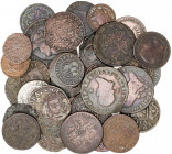 Lote de 40 cobres españoles de las épocas Austrias-Borbones, incluye una moneda medieval. A examinar. BC/MBC+.