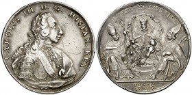 1759. Carlos III. Sevilla. Proclamación. (Ha. 40) (MHE. 286, mismo ejemplar) (RAH. 261) (V. 673 var. metal). Grabador: V. de la Fuente. Limpiada. Ex C...