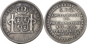 1790. Carlos IV. Puebla de los Ángeles. Proclamación. Módulo 2 reales. (Ha. 191) (Medina 218) (Ruiz Trapero 262) (V. 156). Rayitas. Escasa. Plata. 6,6...