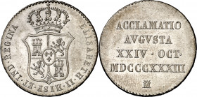 1833. Isabel II. Madrid. Proclamación. (Ha. 21) (V. 749). Plata. 5,96 g. Ø25 mm. S/C.