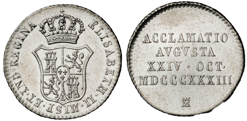 1833. Isabel II. Madrid. Proclamación. (Ha. 22) (V. 750). Plata. 3g. Ø20 mm. S/C...