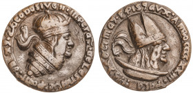 Año 423, Teodisio II, emperador bizantino y Celestino I, papa romano. Medalla satírica. 9,87 g. Ø27 mm. MBC-.