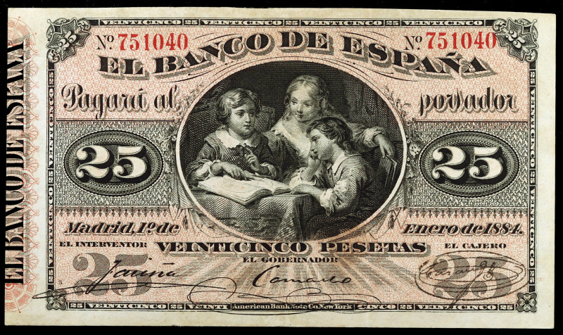 1884. 25 pesetas. (Ed. B66) (Ed. 282). 1 de enero, La lección de geografía. Raro...