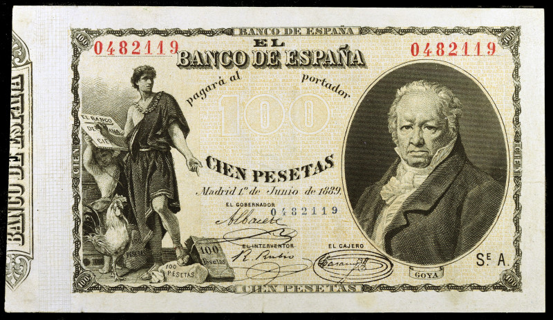 1889. 100 pesetas. (Ed. B83) (Ed. 299). 1 de junio, Goya. Raro. MBC.