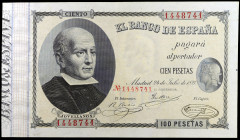 1893. 100 pesetas. (Ed. B86) (Ed. 302). 24 de julio, Jovellanos. Leve doblez central, pero extraordinario ejemplar. Muy raro así. EBC-.