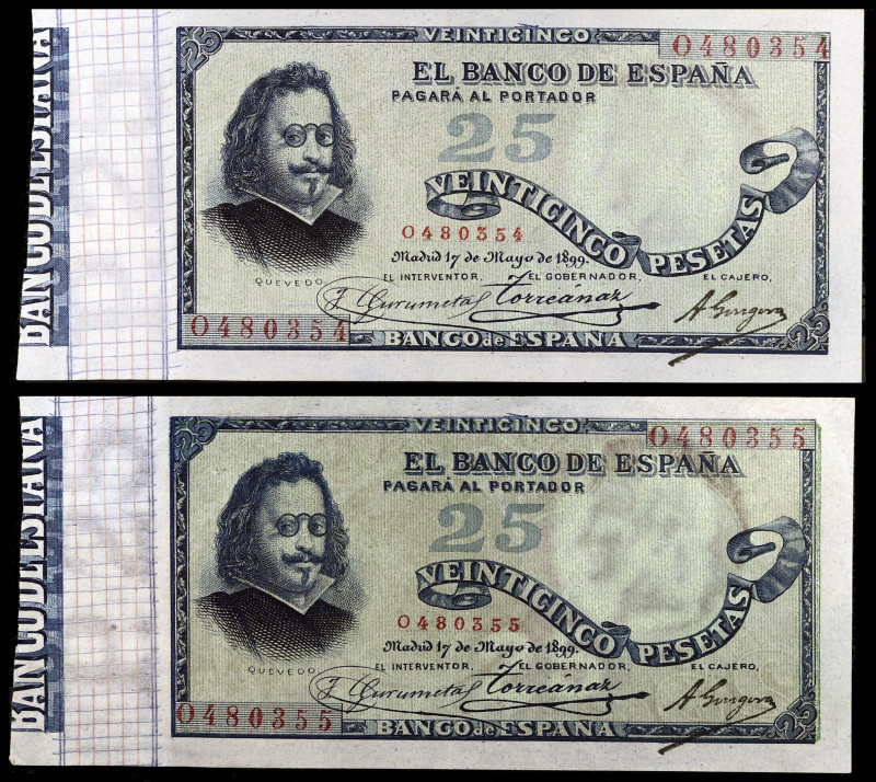1899. 25 pesetas. (Ed. B90a) (Ed. 306a). 17 de mayo, Quevedo. Serie O. Pareja co...