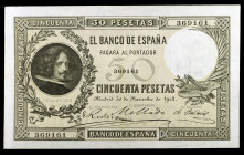 1902. 50 pesetas. (Ed. B93) (Ed. 309). 30 de noviembre, Velázquez. Tres dobleces levísimos. Muy buen ejemplar para este raro billete. MBC+.