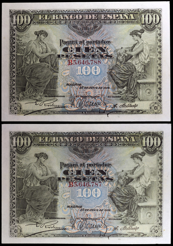 1906. 100 pesetas. (Ed. B97a) (Ed. 313a). 30 de junio. Pareja correlativa, serie...