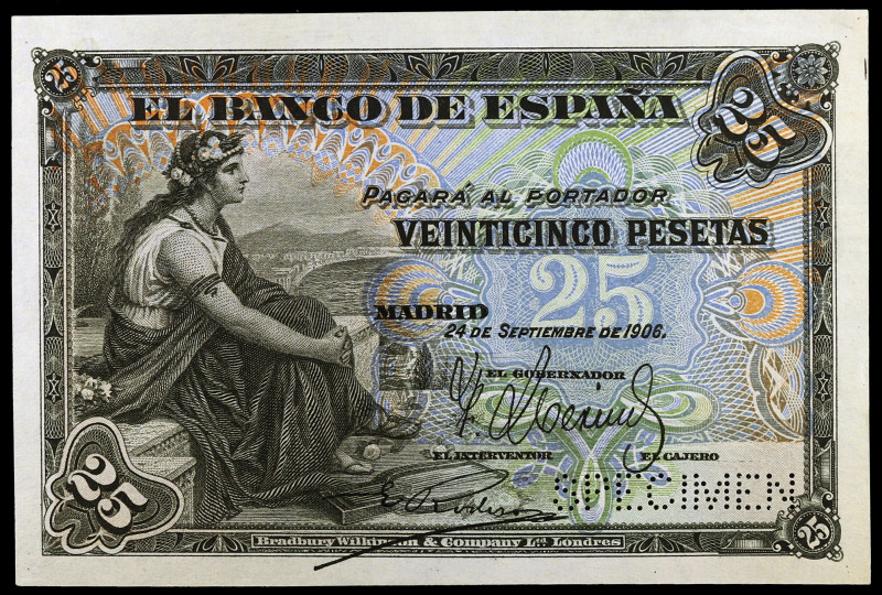 1906. 25 pesetas. (Falta en Edifil). 24 de septiembre. SPECIMEN en taladros. Sin...