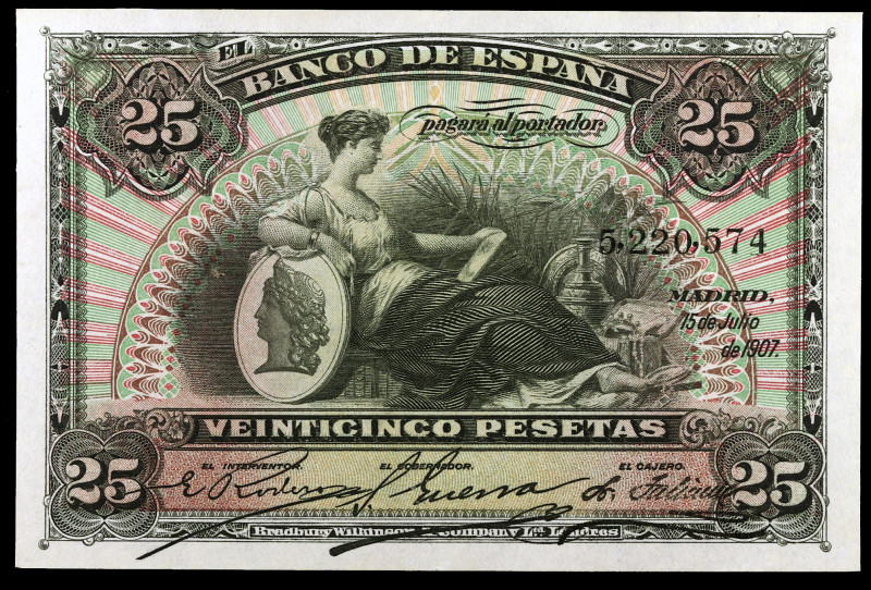 1907. 25 pesetas. (Ed. B102) (Ed. 318). 15 de julio. Doblez central apenas perce...