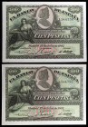 1907. 100 pesetas. (Ed. B104) (Ed. 320). 15 de julio. Pareja correlativa. Raros así. S/C-.