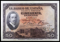 1927. 50 pesetas. (Ed. B110) (Ed. 326). 17 de mayo, Alfonso XIII. Leve doblez central. Buen ejemplar, con apresto. Escaso así. EBC-.