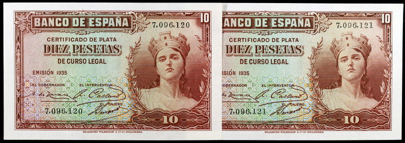 1935. 10 pesetas. (Ed. C15) (Ed. 364). Pareja correlativa, sin serie. Ex Colecci...