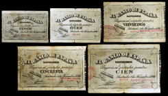 1936. Santander. 5, 10, 25, 50 y 100 pesetas. (Ed. C26, C27, C28e, C29ae y C30e) (Ed. 375, 376, 377g, 378ag y 379g). 5 billetes, serie completa. Las 5...