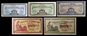 1937. Asturias y León. 25, 40, 50 céntimos, 1 y 2 pesetas. (Ed. C45 a C49) (Ed. 394 a 398). 5 billetes, serie completa. MBC-/S/C.