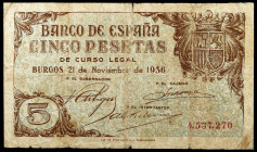 1936. Burgos. 5 pesetas. (Ed. D18) (Ed. 417). 21 de noviembre. Raro. BC.