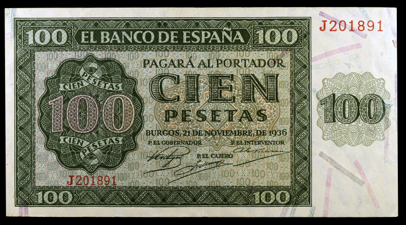 1936. Burgos. 100 pesetas. (Ed. D22a) (Ed. 421a). 21 de noviembre. Serie J. MBC+...