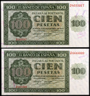 1936. Burgos. 100 pesetas. (Ed. D22a) (Ed. 421a). 21 de noviembre. Pareja correlativa, serie J. Ex Colección Pérez Galdós 13/03/2019, nº 3163. Raros a...