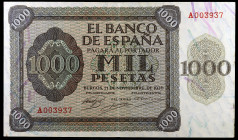 1936. Burgos. 1000 pesetas. (Ed. D24) (Ed. 423). 21 de noviembre. Serie A. Dobleces. Buen ejemplar. Raro. MBC+.
