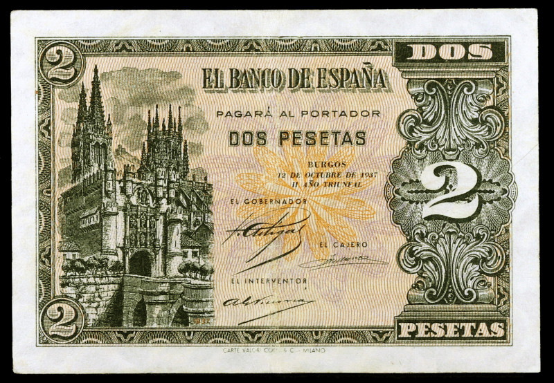 1937. Burgos. 2 pesetas. (Ed. D27) (Ed. 426). 12 de octubre. Serie A. Leve doble...