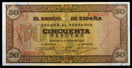 1938. Burgos. 50 pesetas. (Ed. D32) (Ed. 431). 20 de mayo. Serie A. Escaso. EBC.