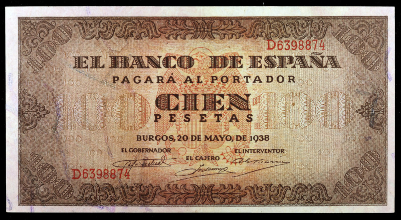 1938. Burgos. 100 pesetas. (Ed. D33a) (Ed. 432a). 20 de mayo, serie D. Leve dobl...