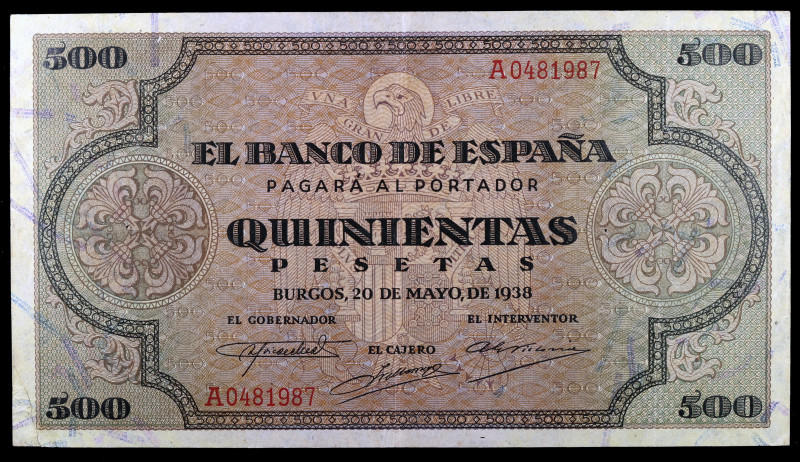 1938. Burgos. 500 pesetas. (Ed. D34) (Ed. 433). 20 de mayo. Serie A. Dobleces. B...