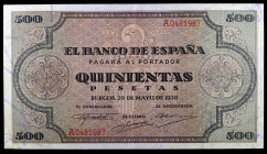 1938. Burgos. 500 pesetas. (Ed. D34) (Ed. 433). 20 de mayo. Serie A. Dobleces. Buen ejemplar con apresto. Raro. MBC+.