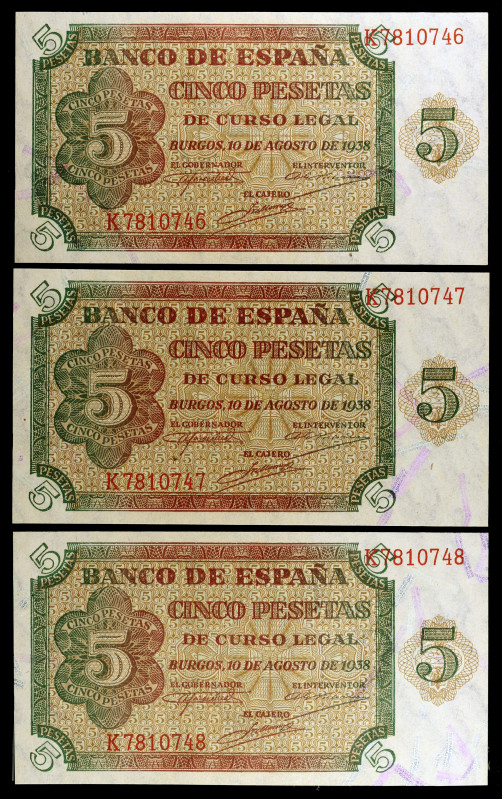 1938. Burgos. 5 pesetas. (Ed. D36a) (Ed. 435a). 10 de agosto. Trío correlativo, ...