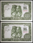 1957. 1000 pesetas. (Ed. D70) (Ed. 469). 29 de noviembre, Reyes Católicos. Pareja correlativa, sin serie. Doblez central. Ex Colección Pérez Galdós 13...