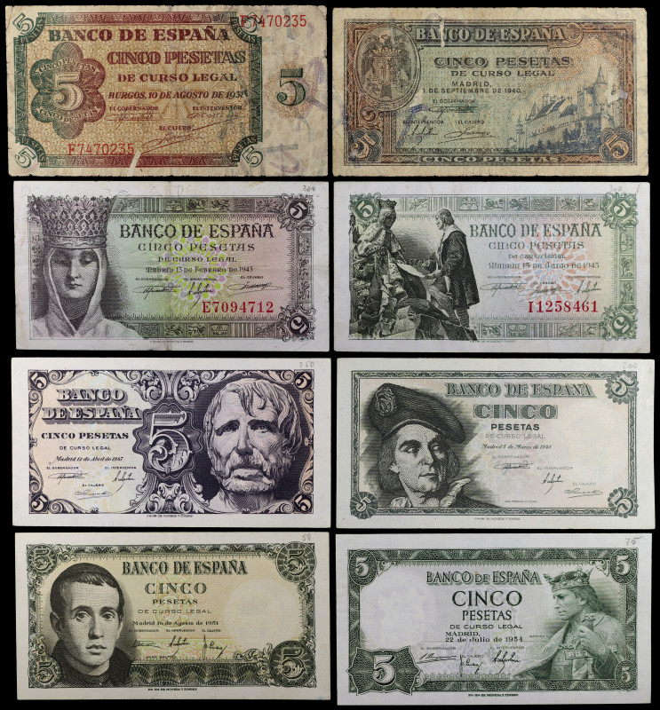 1938-1954. 5 pesetas. Lote de 8 billetes, todos distintos. A examinar. BC/S/C-.