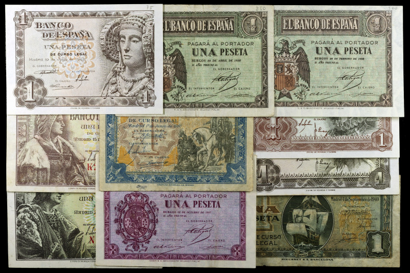 1937-1953. 1 peseta. Lote de 10 billetes, todos distintos. A examinar. BC+/EBC-.