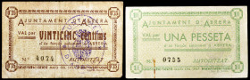 Abrera. 25 céntimos y 1 peseta. (T. 4 y 5). 2 billetes, todos los de la localidad. Escasos. BC/MBC-.
