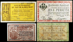 Agramunt. 20, 50 céntimos (dos) y 1 peseta. (T. 8, 11, 15a y 17). 4 billetes. BC/MBC.