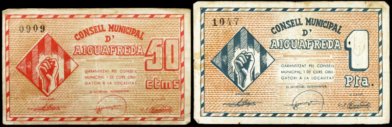 Aiguafreda. 50 céntimos y 1 peseta. (T. 29 y 30). 2 billetes, todos los de la lo...