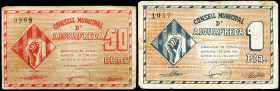 Aiguafreda. 50 céntimos y 1 peseta. (T. 29 y 30). 2 billetes, todos los de la localidad. Escasos. BC/BC+.