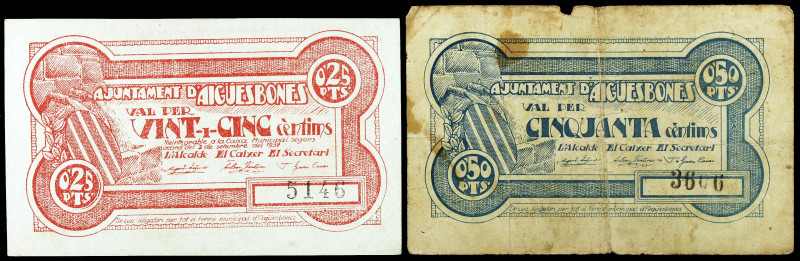 Aigüesbones. 25 y 50 céntimos. (T. 36 y 39). 2 billetes. BC/MBC.