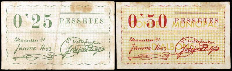 Albons. 25 y 50 céntimos. (T. 94 y 95). 2 billetes, el de 50 céntimos nº 0037. E...