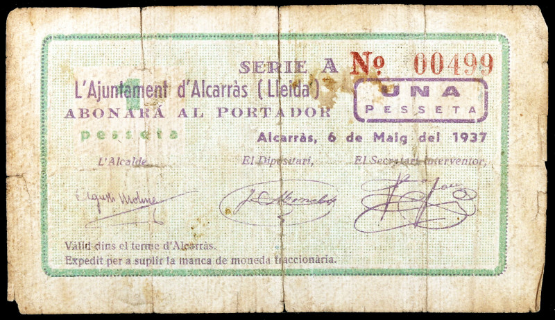 Alcarràs. 1 peseta. (T. 101). Nº 00499. Roto y pegado en la época. Raro. BC.